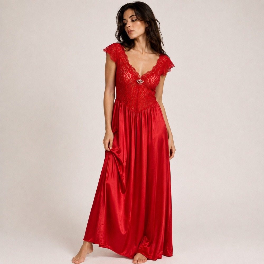 Vintage‎ Cinema Etoile Red Lace Sequin Nightgown Large